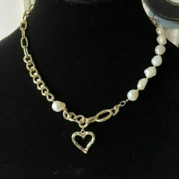 Gold Plated Cultured Freshwater‎ Pearl Beaded Heart Pendant Necklace 17in - Picture 4 of 9